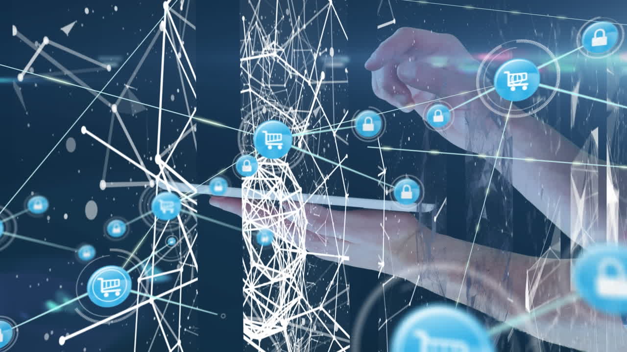 연결 네트워크의 애니메이션과 기술 위에 회전하는 dna 가닥 사무실에서 얼굴 마스크