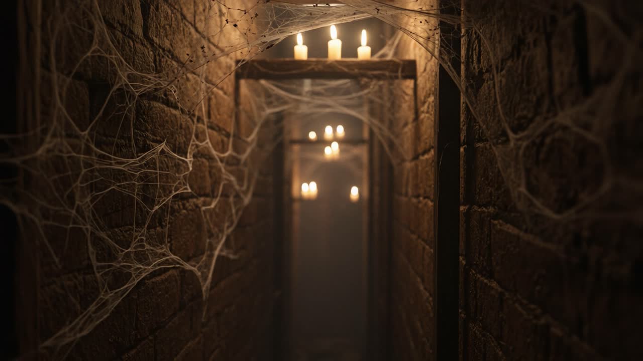 A Mysterious and Eerie Passageway with Flickering Candlelight and Spooky Cobwebs, Perfectly Capturing the Essence of a Haunted Environment