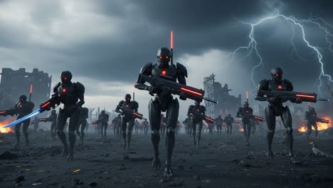 a futuristic army of cybernetic warriors advances through a ruined landscape under a stormy sky, armed with advanced weaponry and ready for combat.
