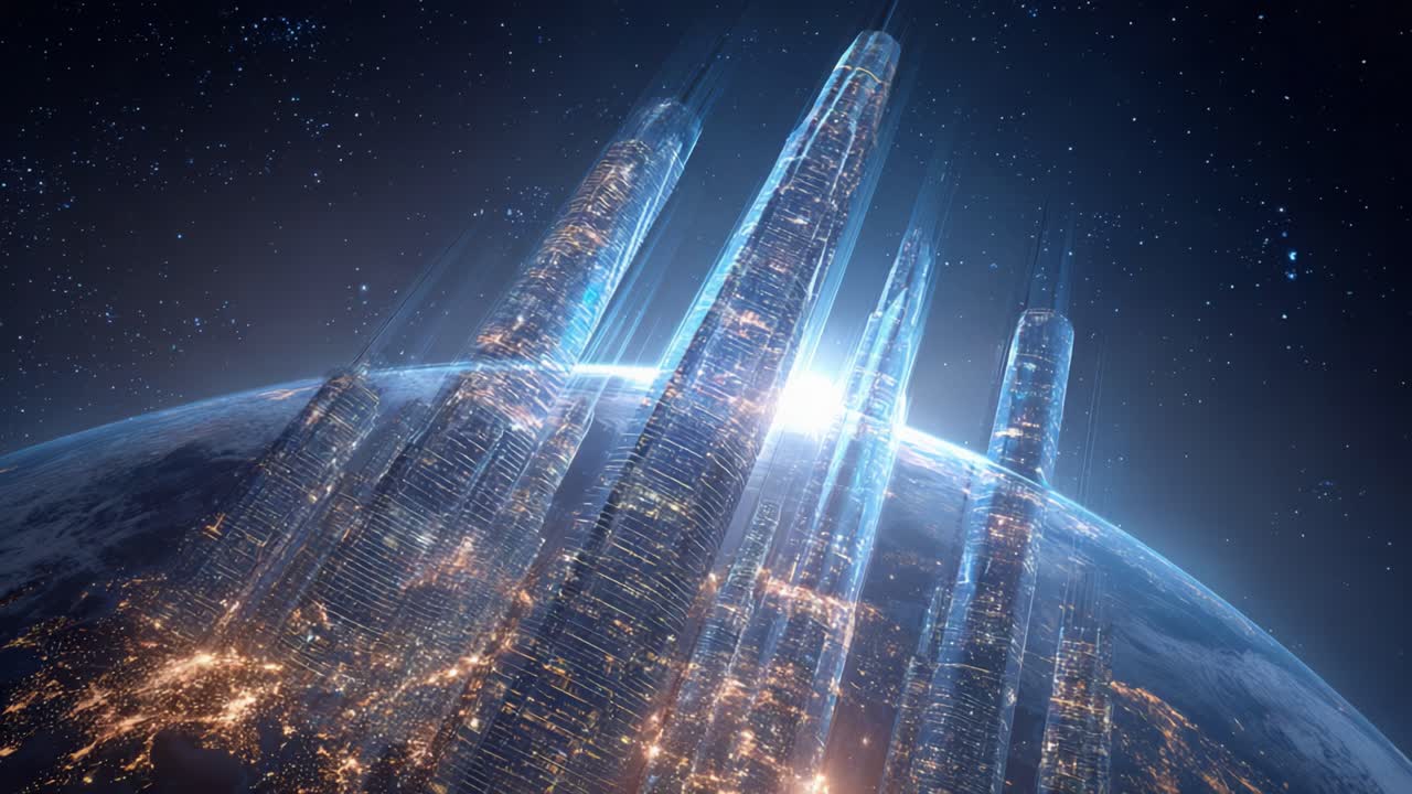 Giant futuristic city with towering skyscrapers extending from the planet's surface into space, with bright blue energy beams shooting upwards from their peaks against a starlit background