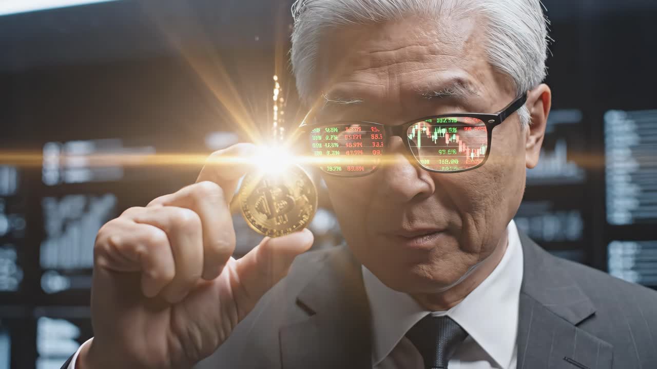 Senior man holding a Bitcoin cryptocurrency coin while graphs are reflected in his glasses