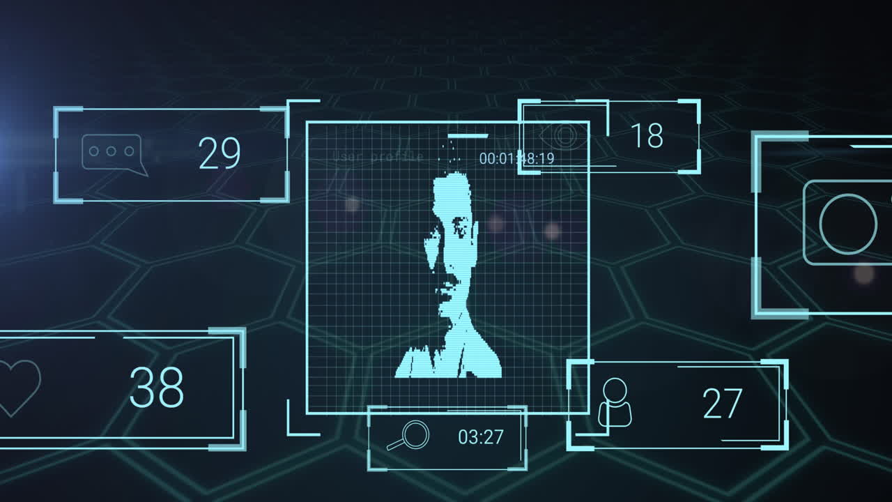 animación de fotos de usuarios, reacciones en las redes sociales y procesamiento de datos en el espacio digital