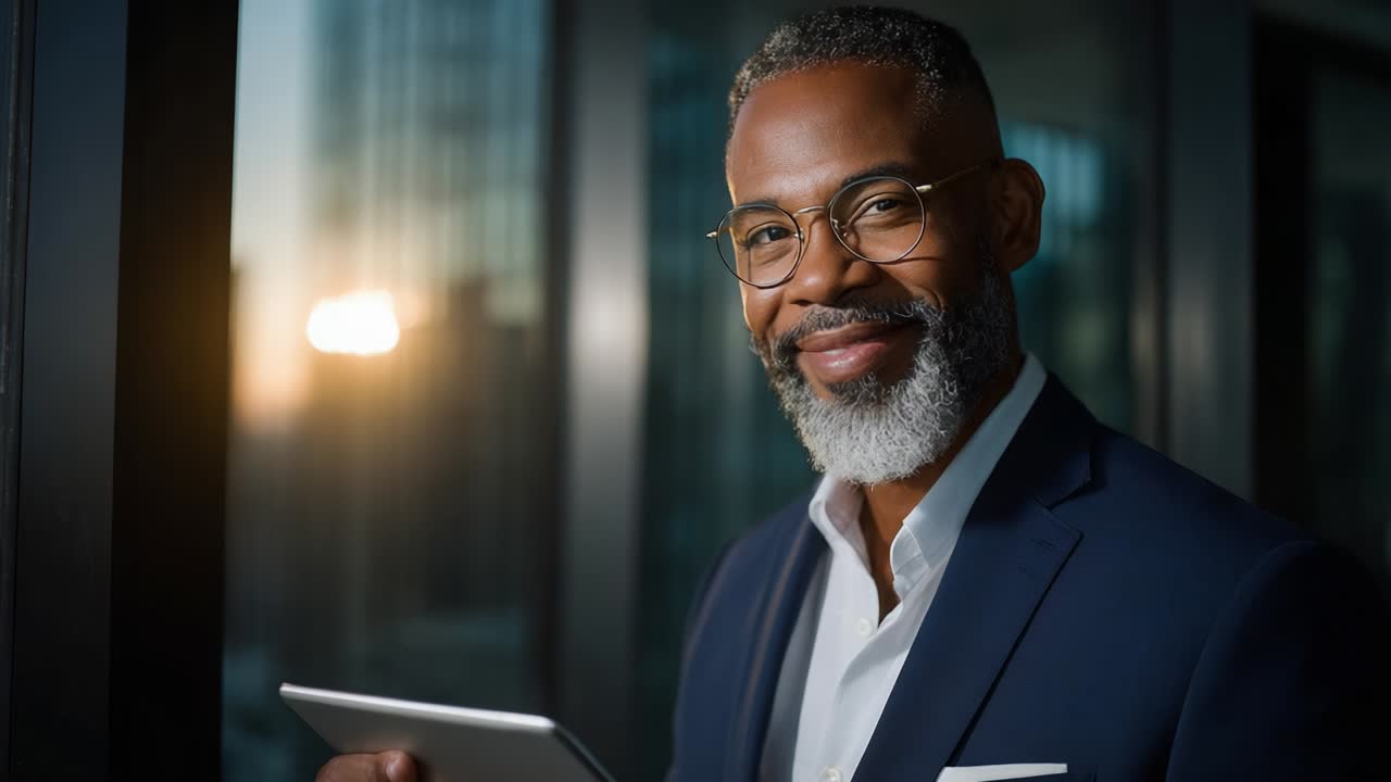 Confident Professional Smiling While Holding a Tablet in a Modern Office Setting, Illuminated by Warm Natural Light from Large Windows, Evoking Ambition, Success, and Innovation in Today's Business Environment
