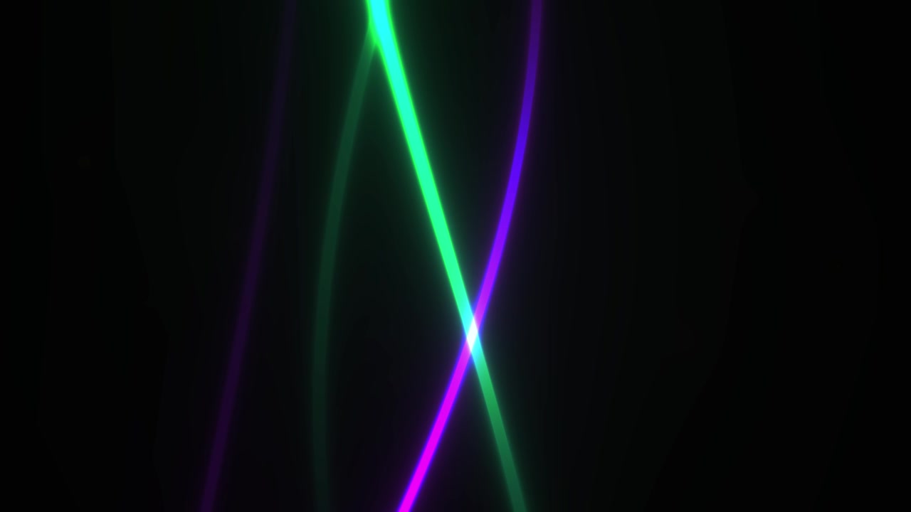 Dynamic Green and Purple Neon Light Trails Moving on Black Background