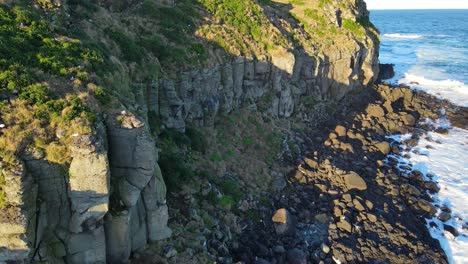 Wellen,-Die-An-Der-Felsigen-Küste-Von-Cook-Island-Mit-Seevögeln-Zusammenbrechen---Insel-Joong-Urra-Narrian-In-New-South-Wales,-Australien