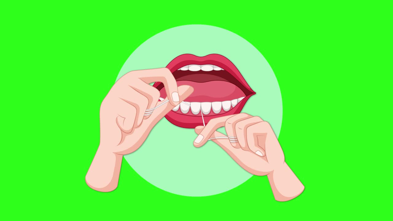 Vector animation shows hands using dental floss between upper teeth, with smooth repetitive motion, bright green background, and clear instructional focus