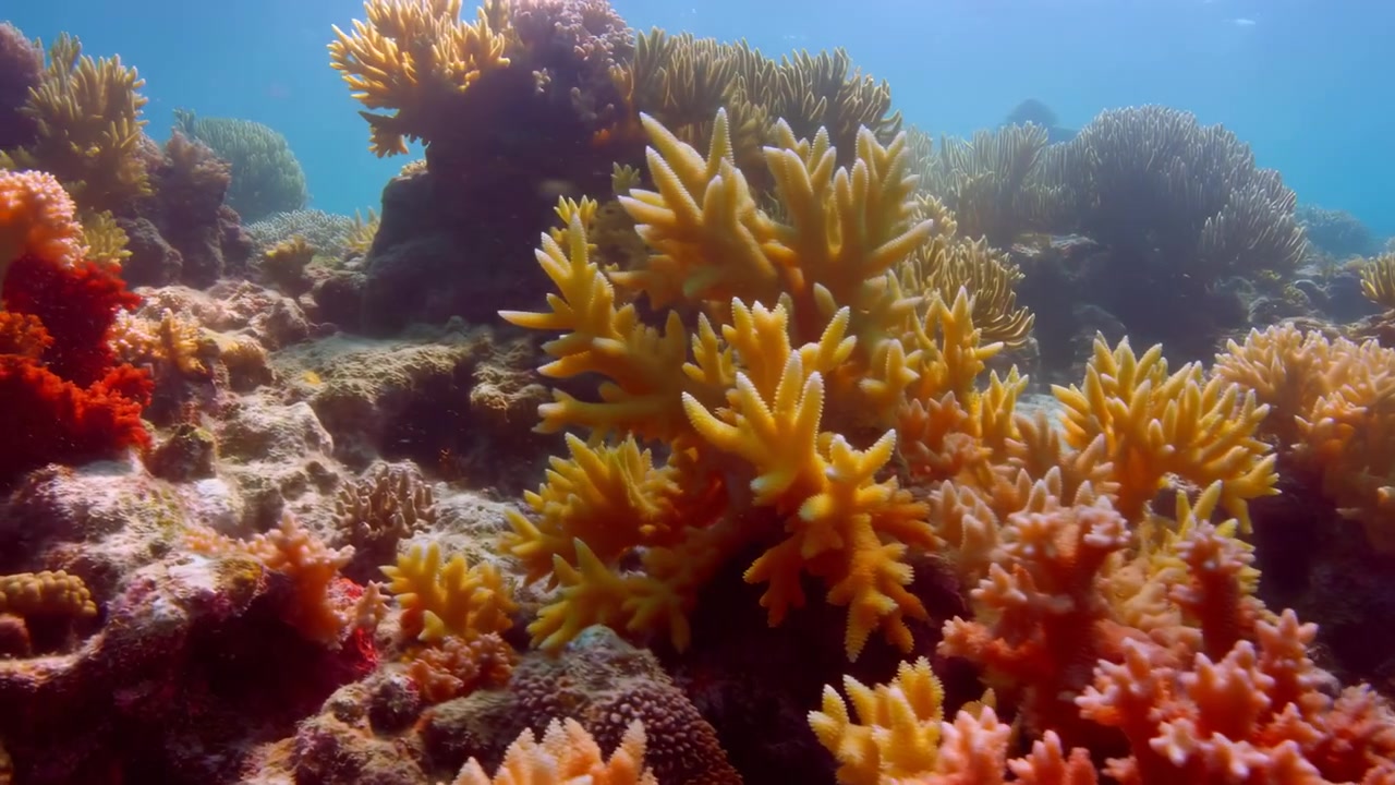 Formasi karang bercabang tersebar di dasar laut berbatu di bawah air biru jernih, dengan sinar matahari lembut dari atas, kedalaman terumbu karang berlapis, nuansa oranye, emas, merah muda, dan merah yang cerah, serta laut tropis yang tenang
