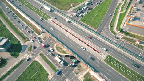 aerial top view of highway junction interchange road