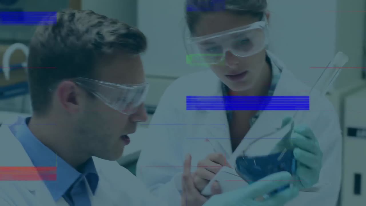 실험실에서 두 명의 백인 과학자에 대한 과학 데이터 처리 애니메이션