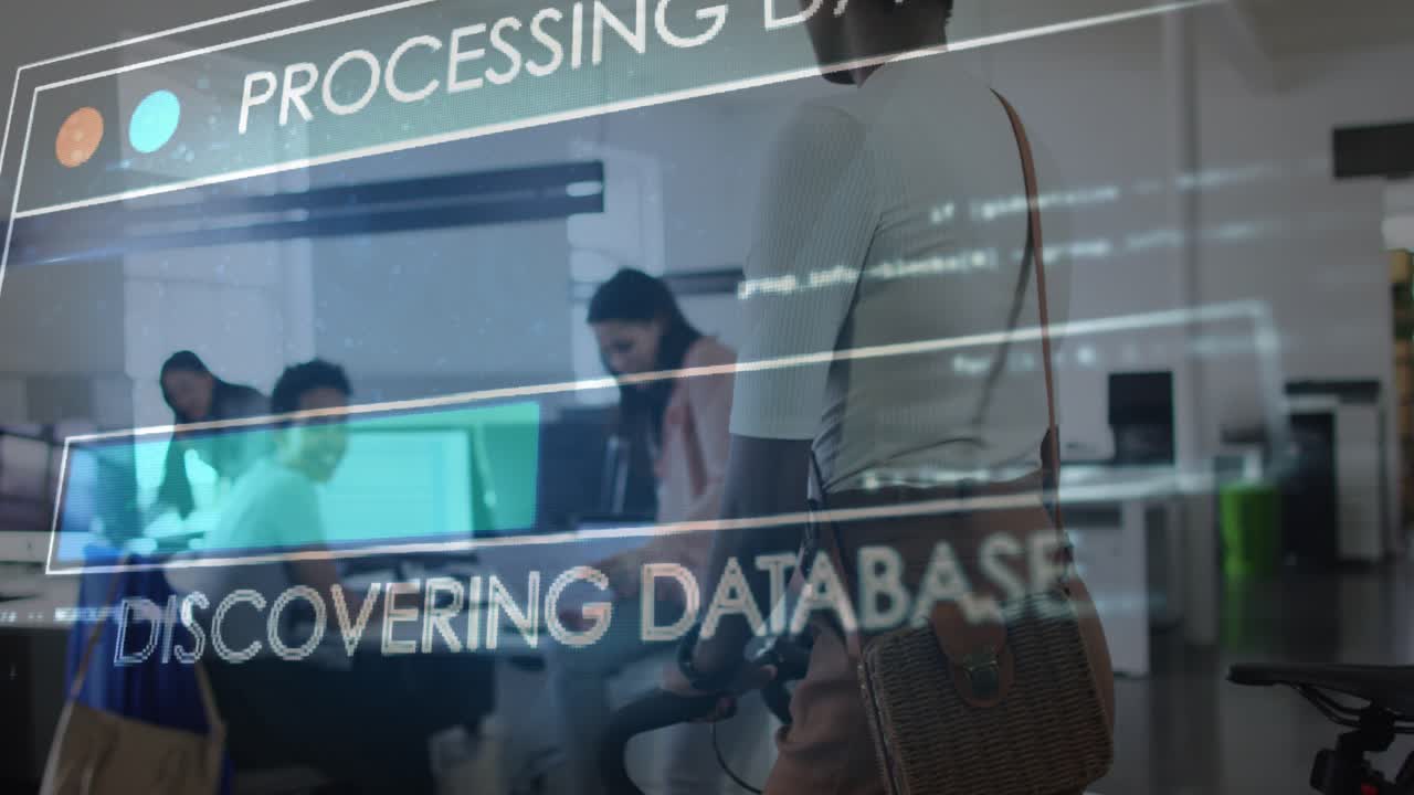 Animation of data processing over diverse business people in office