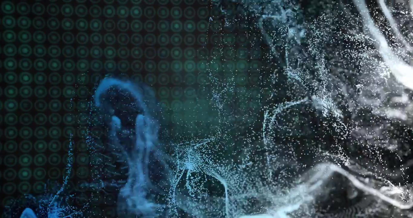 Abstraktní částicová vlna animovaná v 3D renderovacím mřížkovém prostoru, ukazující proudící proudy mlhy