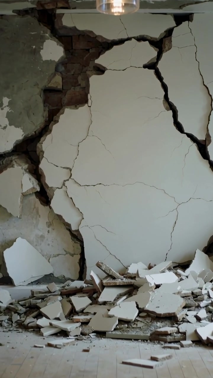 Video verticale: Un muro mostra un buco che rivela mattoni e intonaco a seguito di un impatto nella stanza.