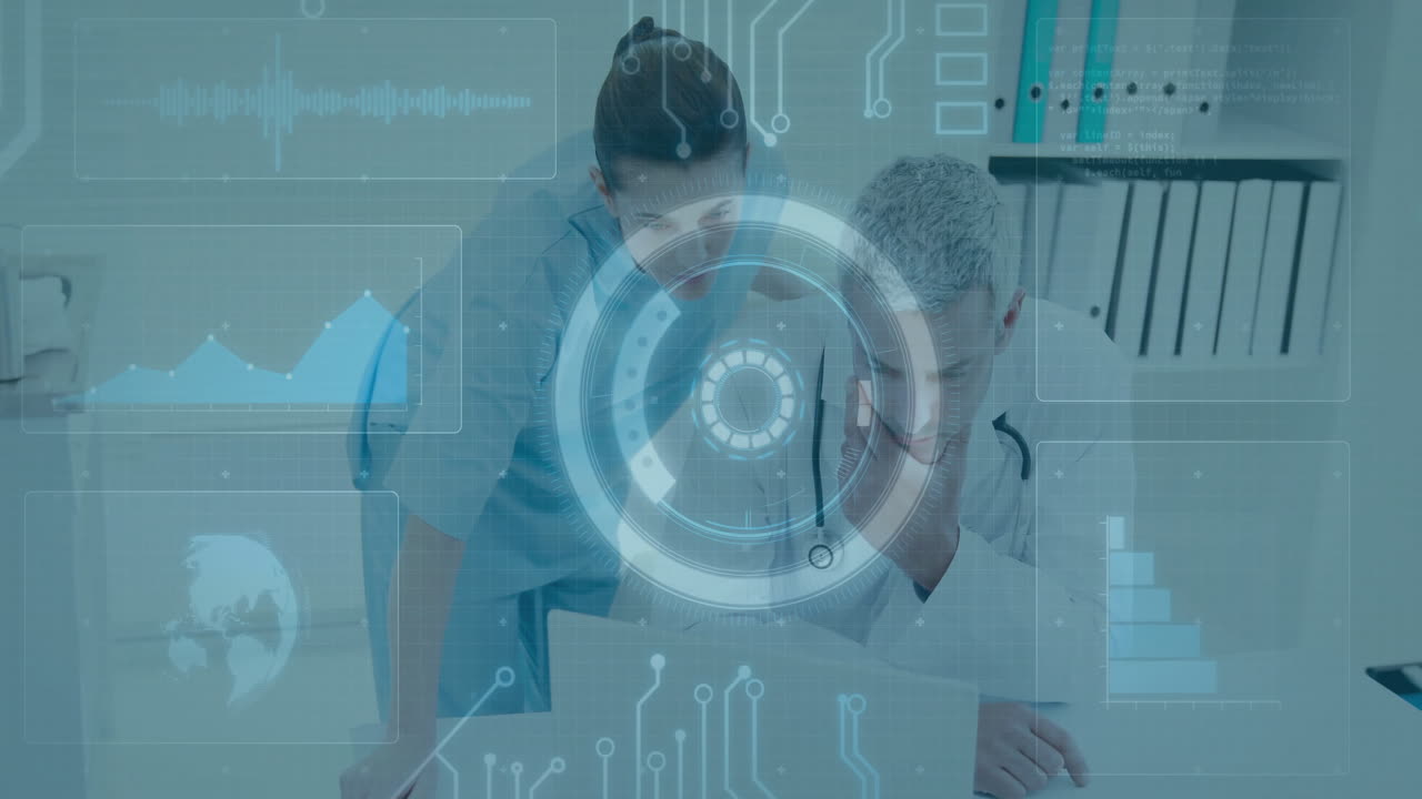 미래의 디지털 인터페이스 애니메이션으로 노트북에서 데이터를 분석하는 의료 전문가