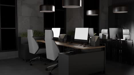 modern office interior with desks, chairs, computers and yellow lighting. contemporary workplace and technology environment concept. design for banner, poster, wallpaper, header