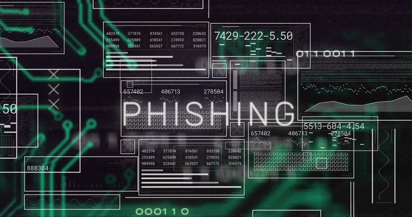 Green circuit rising initiating PHIE window morphing into PHISHING data panels animating attack