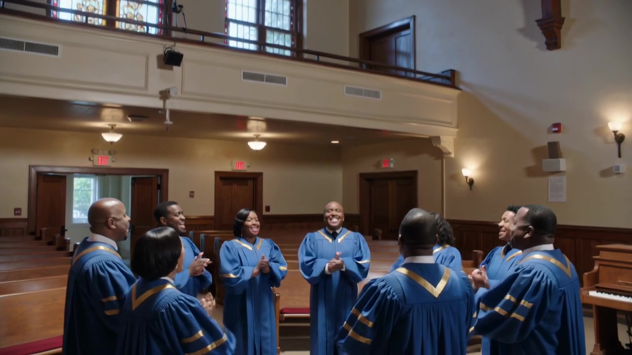 Panning showing choir entering forming circle in church to worship clapping singing in blue robes