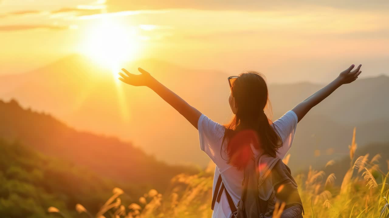 A woman with outstretched arms faces a sunrise over mountains, captured from behind