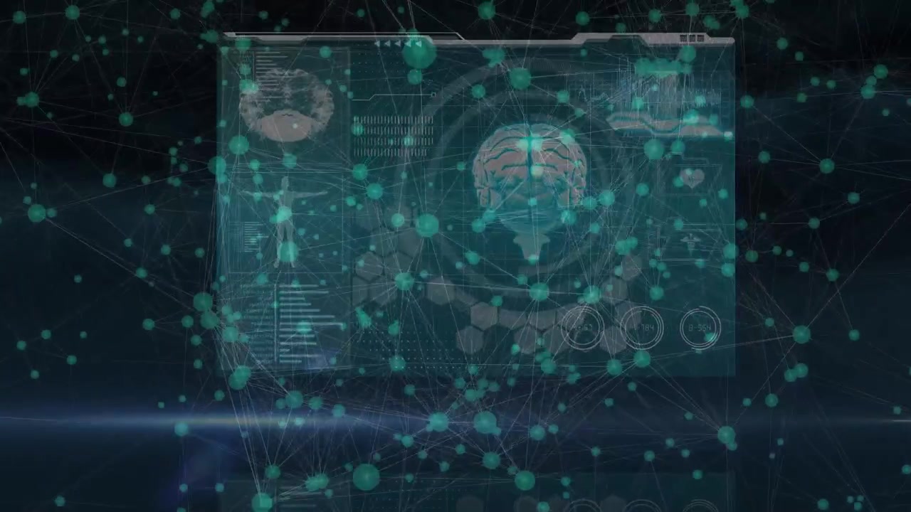Animation of network of connections over data processing on black background