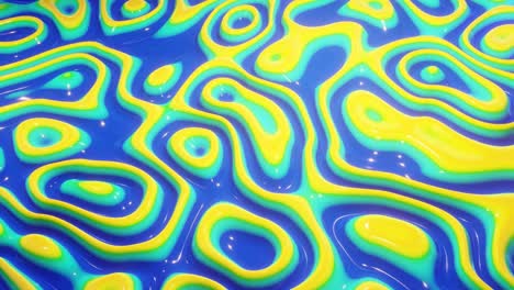 patrón ondulado abstracto en una superficie brillante y brillante, gradiente líquido azul verde, ondas en el fluido de pintura en animación suave, brillos en líquido viscoso 3d.
