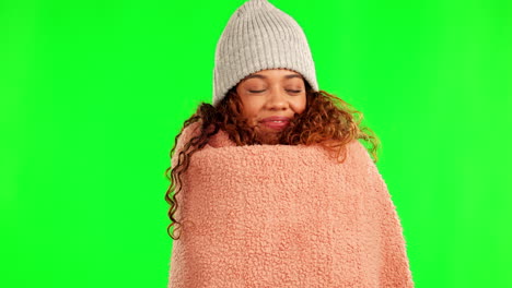 blanket, warm and face of a woman on a green