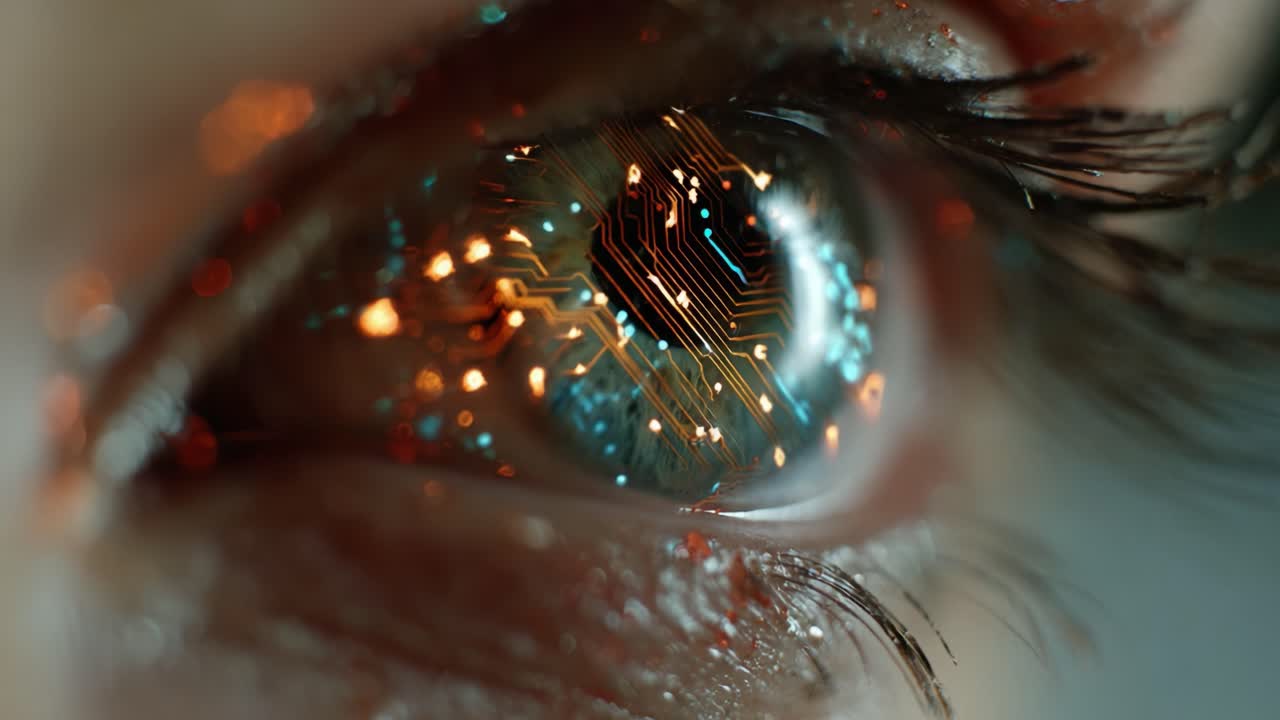 A Close-Up View of a Human Eye Reflecting a Circuit Board, Symbolizing the Intersection of Technology and Humanity in a Striking Visual Representation