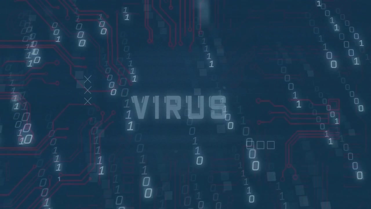 Binærkode og kretsmønstre med VIRUS-tekstanimasjon over en blå bakgrunn