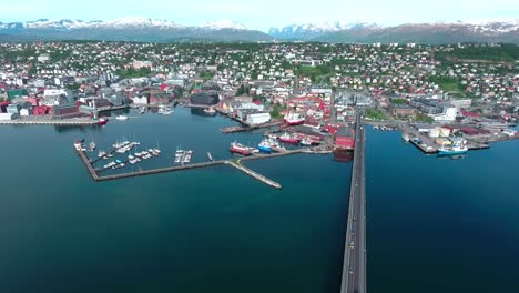 Bridge-of-city-Tromso,-Norway-Aerial-footage