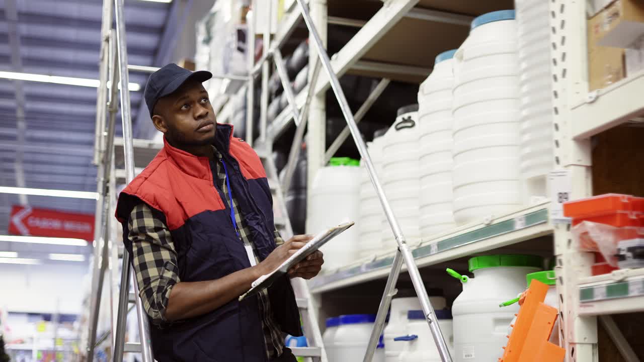 supervisor masculino examinando las mercancías en los estantes con una tableta usando una escalera