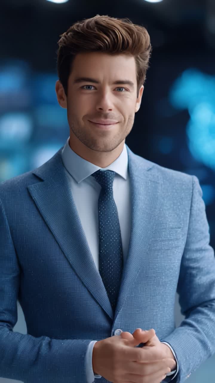 Professionista sicuro di sé che tiene una presentazione, vestito con un elegante abito blu, che dimostra carisma e coinvolgimento mentre si rivolge a un pubblico in un ambiente moderno