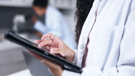 hands, tablet and scientist in laboratory