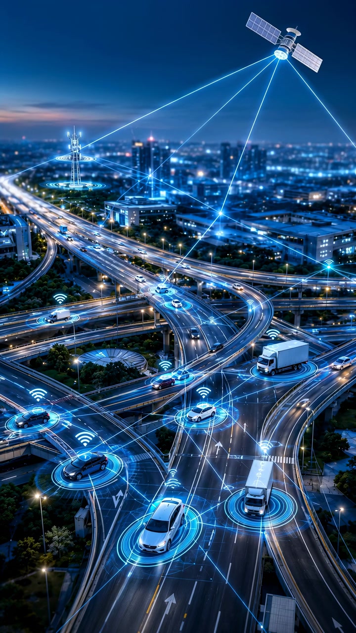 Autostrada notturna con veicoli connessi, collegamento satellitare che traccia segnali verso la città, auto autonome e consegne