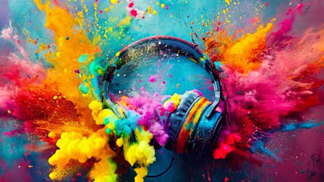 a pair of headphones with colorful paint splatters on a colorful background