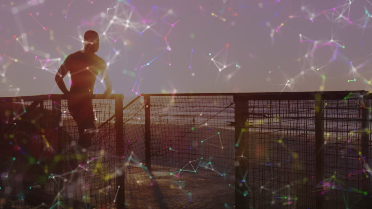 animación de una red de conexiones sobre un hombre afroamericano corriendo