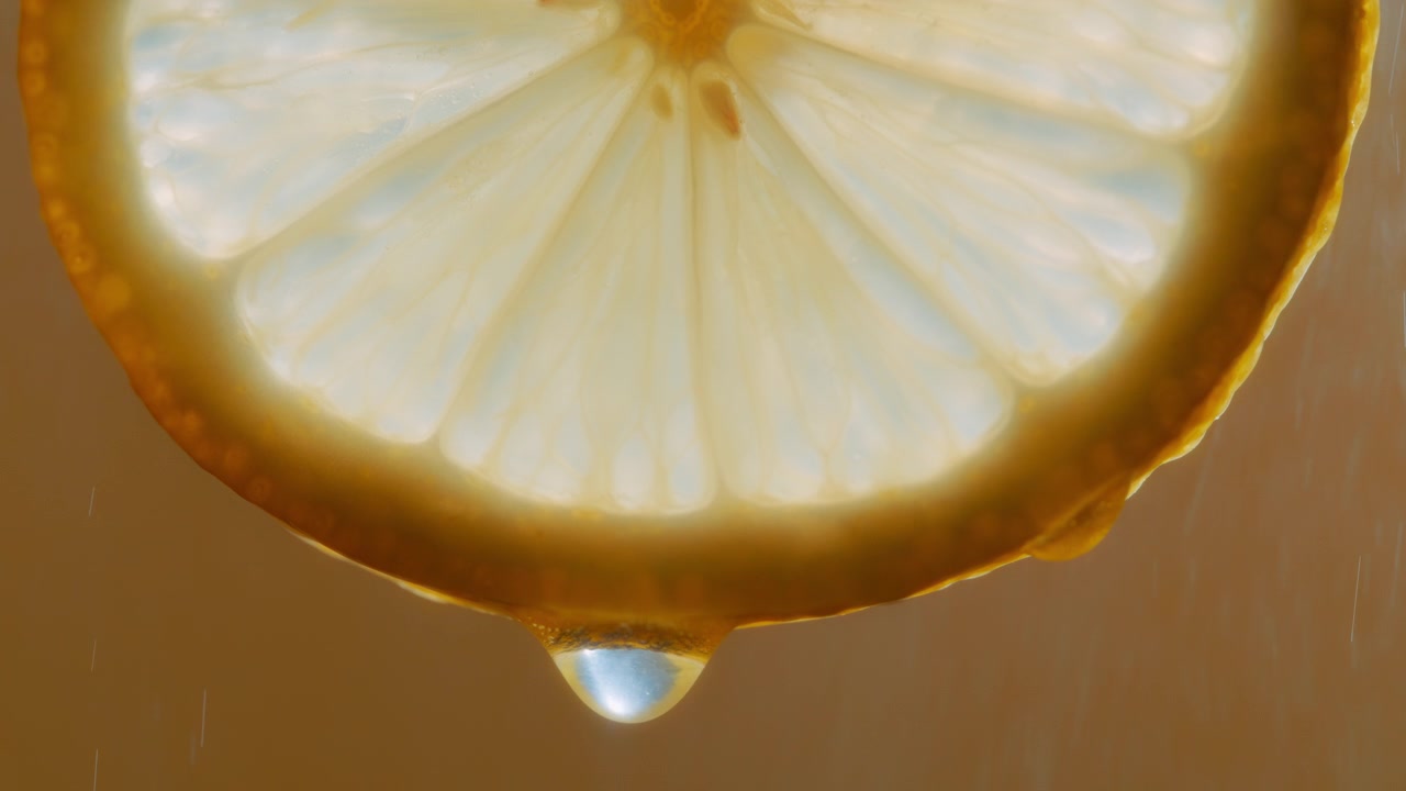 Goccia d'acqua che cade da una fetta di limone con spruzzi d'acqua sullo sfondo