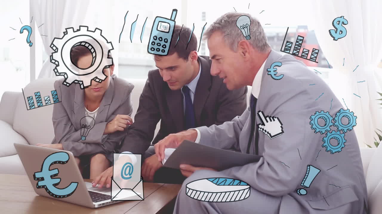 анимация нескольких цифровых иконок над различными бизнесменами, обсуждающими вместе на ноутбуке