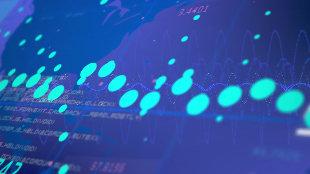 Animation of digital data points and graphs on abstract blue background
