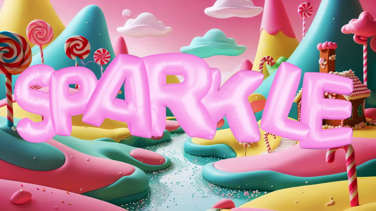 Whimsical Candy Land with Pink Sparkle Balloon Text
