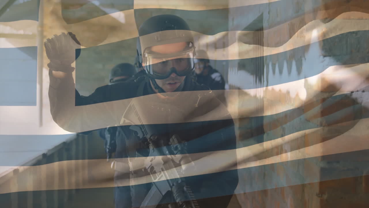 солдат с винтовкой и мировым знаком над размахивающим греческим флагом анимация