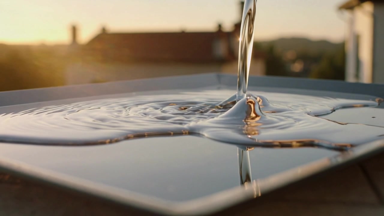 Pouring steady vertical stream striking shallow reflective metal tray on rooftop, creating ripples