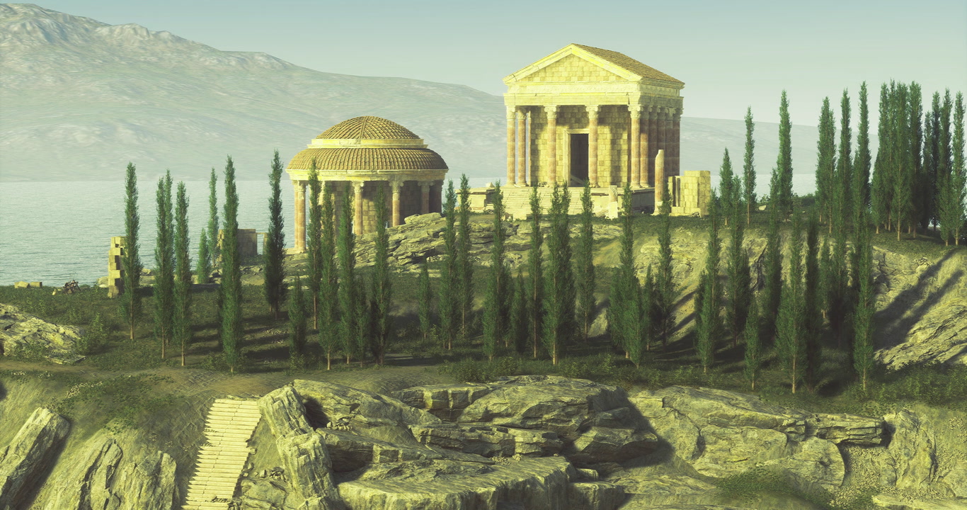 Ancient ruins by the shore with majestic trees and mountains in background