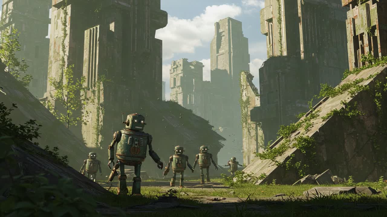 A group of robots navigates through a lush, overgrown landscape filled with ancient ruins, evoking a sense of adventure and the passage of time in a post-apocalyptic world