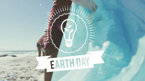 earth day animation over people cleaning beach with blue plastic bags