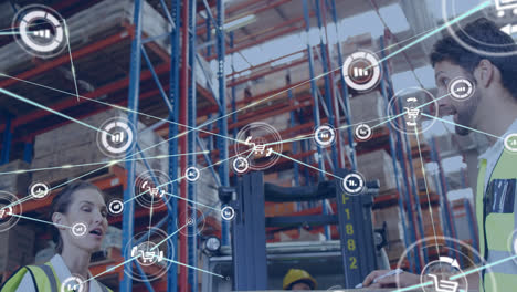 animation of network of connections with icons over man and woman working in warehouse