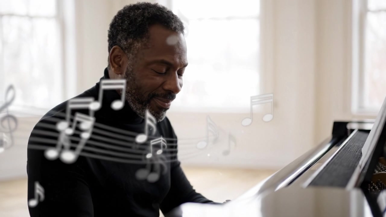 A Talented Musician Performing on a Grand Piano, Capturing Emotion and Passion in a Beautifully Lit Studio with Soft Natural Light Streaming In