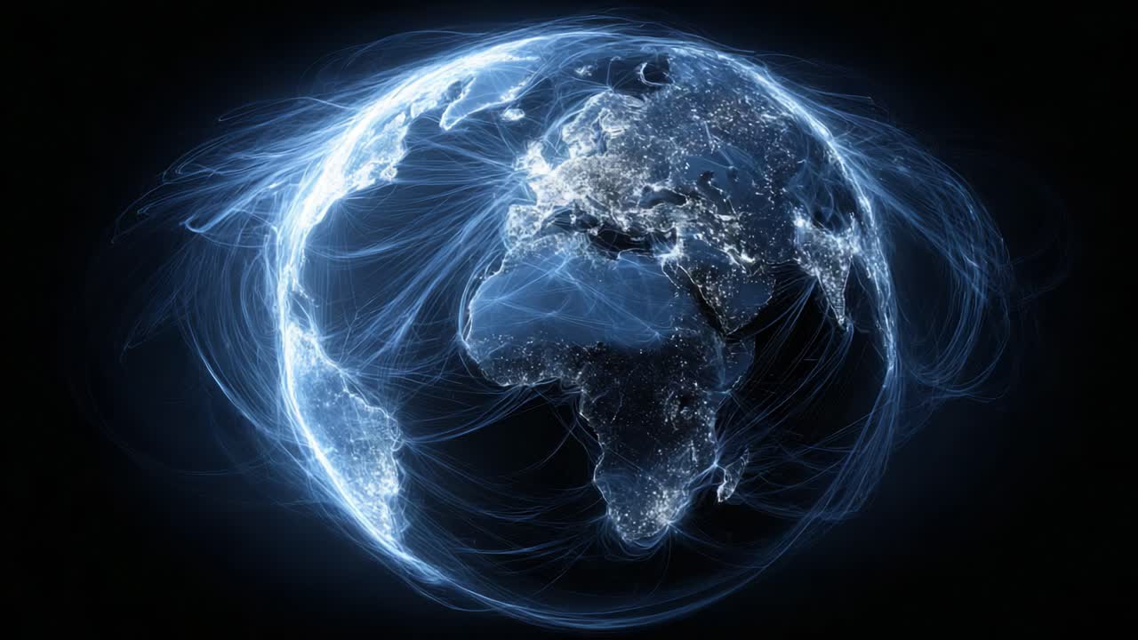En slående gjengivelse av jorden med livlige lysspor som understreker globale forbindelser og teknologiske interaksjoner på tvers av kontinenter