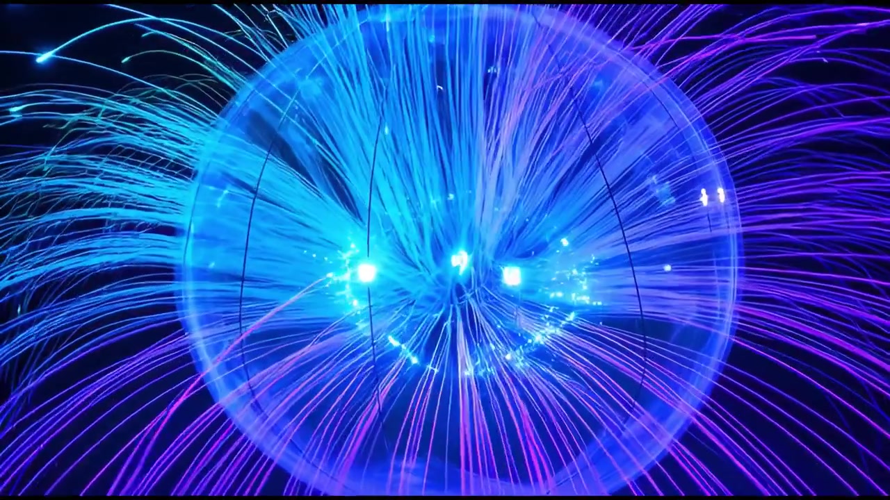 Dynamic Abstract Sphere with Glowing Blue and Purple Light Rays