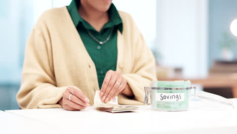 savings jar, hands and woman with budget