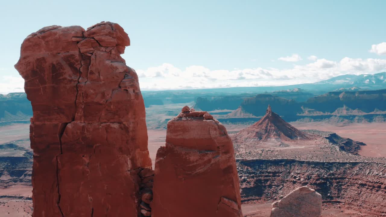 Drone aerial close up of North Six Shooter Peaks in Indian Creek region of Bears Ears National Monument, Utah