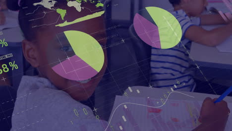 Animation-Der-Datenverarbeitung-Auf-Diagrammen-über-Einem-Glücklichen-Afroamerikanischen-Jungen-In-Der-Grundschulklasse