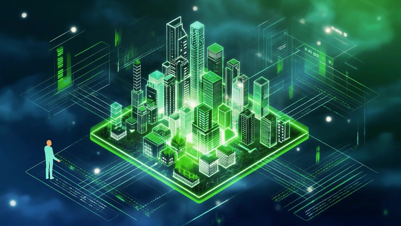 Digital City Model Emerging from a Glowing Microchip Interface